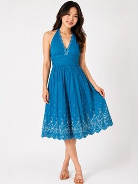 Turquoise Blue White Embroidered Halter Sundress Cotton Lightweight Midi Size 12